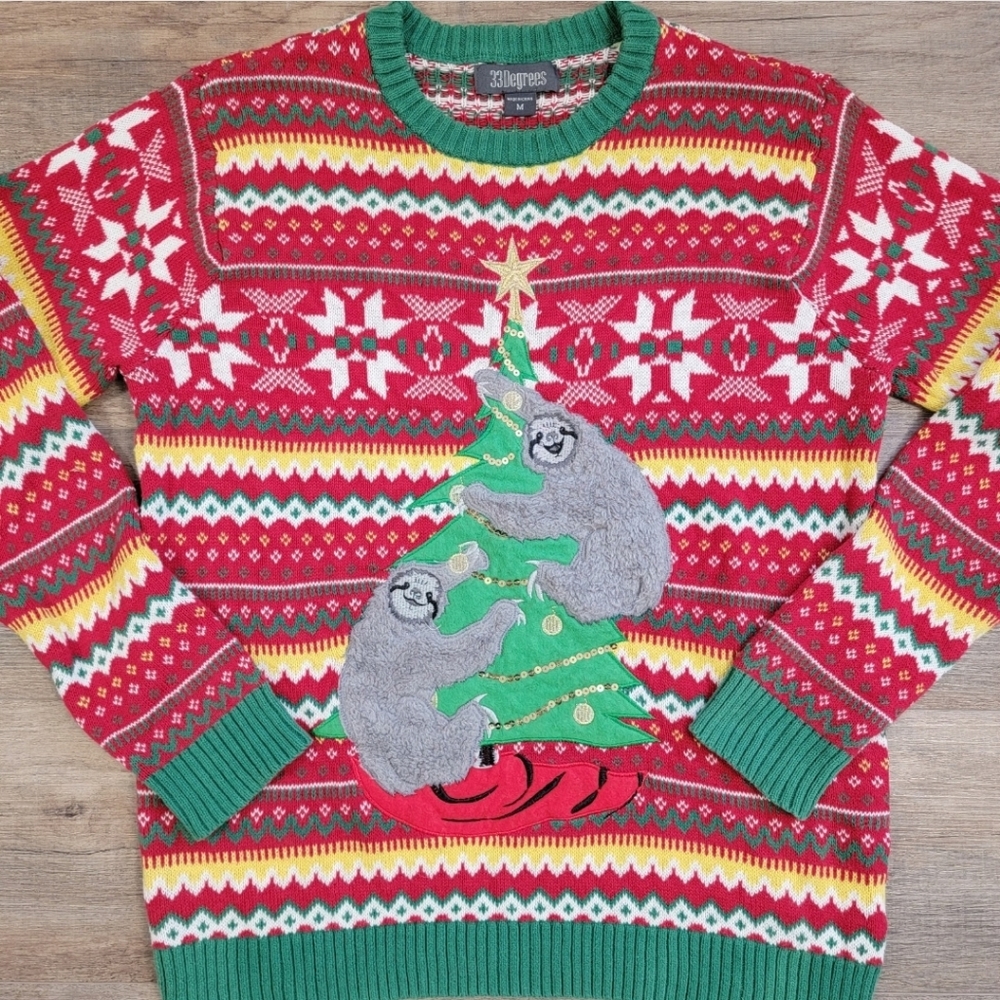 Sloth Ugly Christmas Sweater Plush Womens Sz Medium Holidays Embroidered